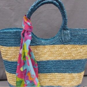 Turquoise Straw Bag w/ attached scarf by Ralph Lauren